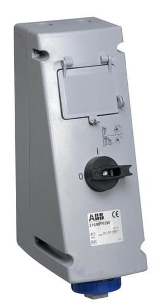 ABB 216MPR6W Switched interlocked socket-outlet with RCD, 6h, 30mA, 16A, IP67, 2P+E Product Image