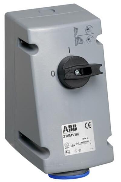 ABB 216MVS6 Switched interlocked socket-outlet, 6h, 16A, IP44, 2P+E Product Image