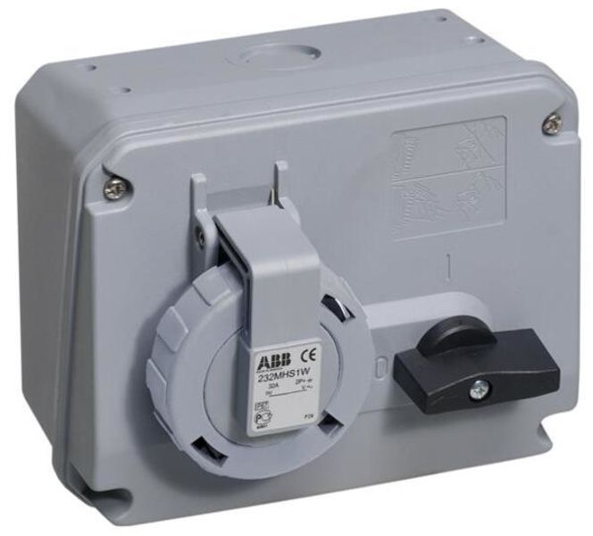 ABB 232MHS1W Switched interlocked socket-outlet, 1h, 32A, IP67, 2P+E Product Image