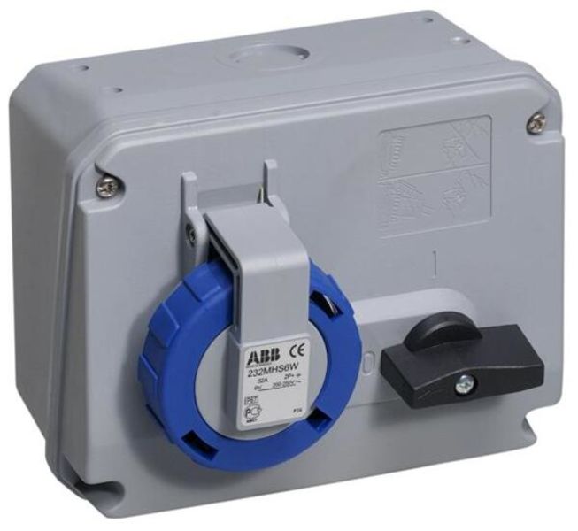 ABB 232MHS6W  Switched interlocked socket-outlet, 6h, 32A, IP67, 2P+E Product Image