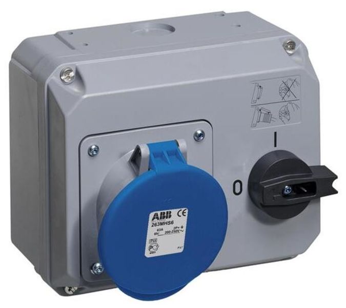 ABB 263MHS6 Switched interlocked socket-outlet, 6h, 63A, IP44, 2P+E Product Image