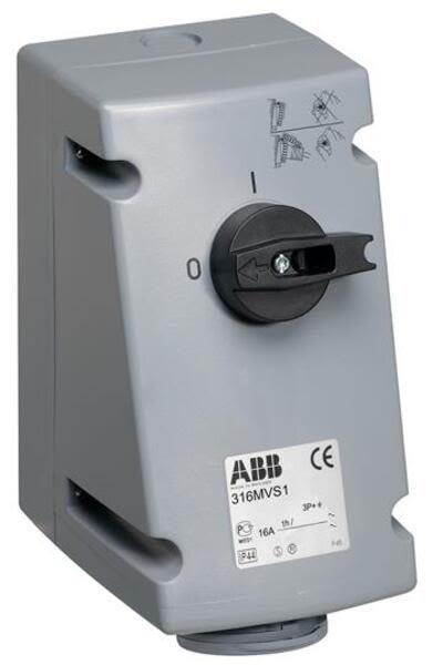 ABB 316MVS1W Switched interlocked socket-outlet, 1h, 16A, IP67, 3P+E Product Image