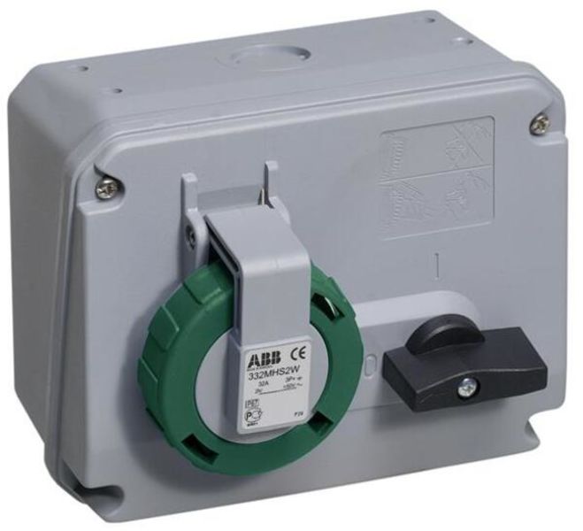 ABB 332MHS2W Switched interlocked socket-outlet, 2h, 32A, IP67, 3P+E Product Image