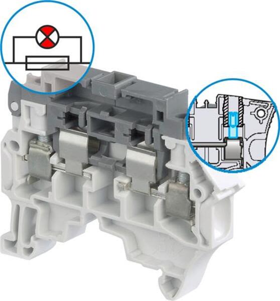 ABB ZS4-SF1-R4 ZS4-SF1-R4 Screw Clamp Terminal Block - Grey - with blown fuse indicator by red LED 115-250V and 2 test sockets screw DI Product Image