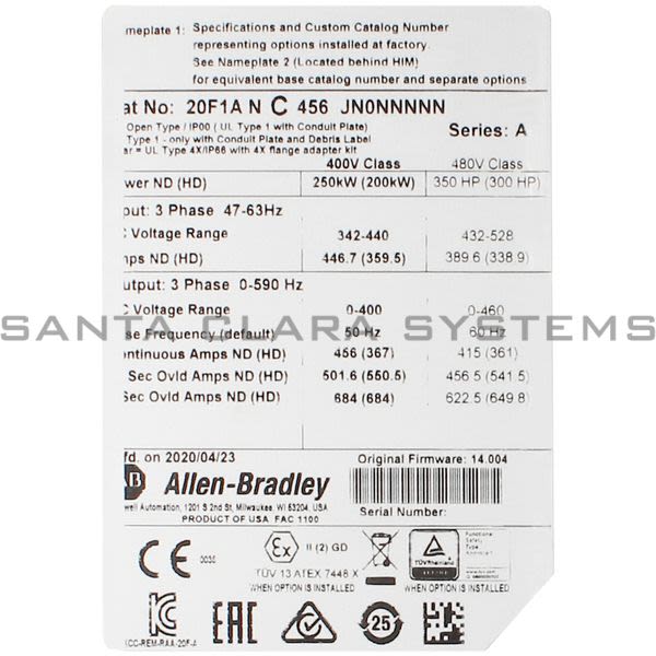 Allen Bradley 20F1ANC456JN0NNNNN Powerflex 753 AC Drive Product Image