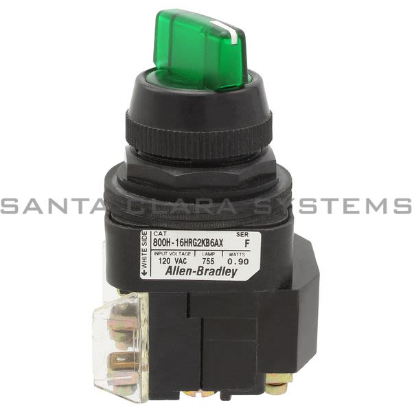Allen Bradley 800H-16HRG2KB6AX 3 Position Knob Type Maintained Xfmr 120V AC Green Lens Product Image
