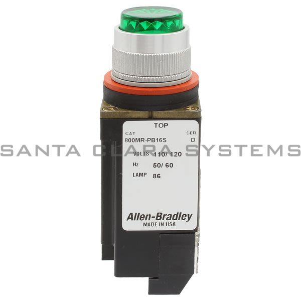Allen Bradley 800MR-PB16GAS Small Round Illuminated Push Button Extension Head Xfmr 60/50Hz Green Lens 1 No 1NC Product Image
