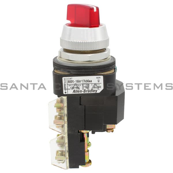 Allen Bradley 800T-16HR17KB6AA Illuminated Selector Switch Type 4,13, 2 Position Maintained Xfmr 120V 60/50Hz Red Knob Lever Product Image