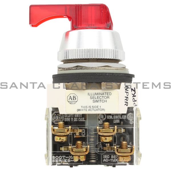 Allen Bradley 800T-16JR20KQ1AX NEMA 4,13 Illuminated Selector Switch 3 Positon Spr Ret Both Xfmr 120V 50/60Hz Red Knob Lever Product Image