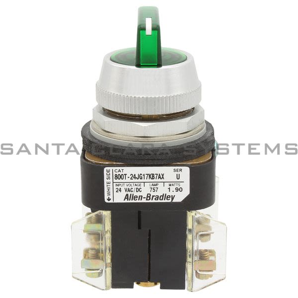 Allen Bradley 800T-24JG17KB7AX Illuminated Selector Switch Type 4, 13 3 Position Maintained Full Voltage 24 Green Knob Lever Product Image