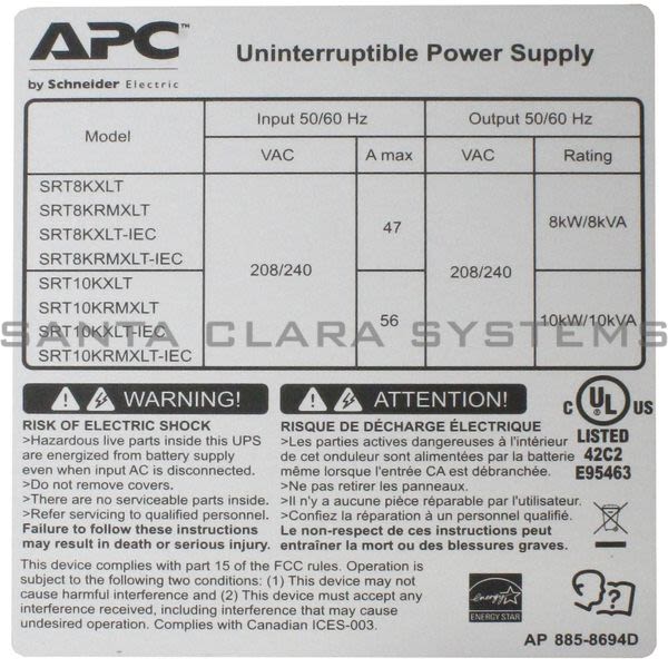 APC SRT8KRMXLT  APC Smart-UPS On-Line Product Image