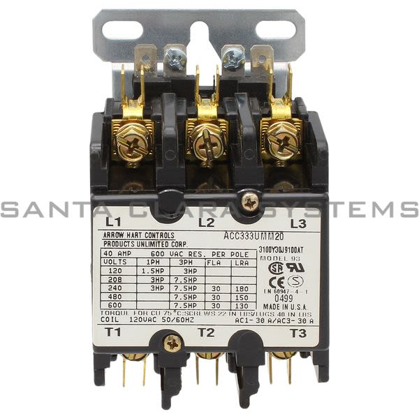 Arrow Hart Controls ACC333UMM20 CONTACTOR DEFINITE PURPOSE
30 AMPS
3 POLES
120 VAC
MODEL 93 Product Image