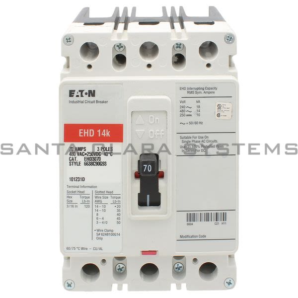 Cutler-Hammer EHD3070 Circuit Breaker 70-AMP 3-Pole | Eaton Product Image