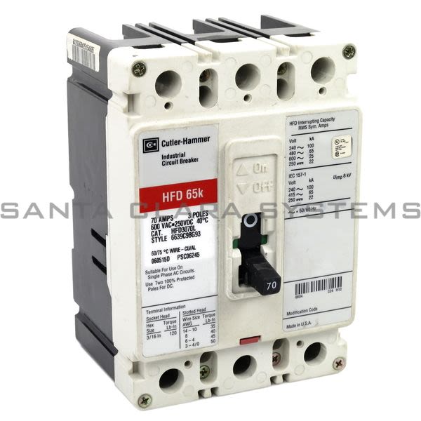 Cutler-Hammer HFD3070L Style 6639C98G93 3 Pole 70A Circuit Breaker Product Image