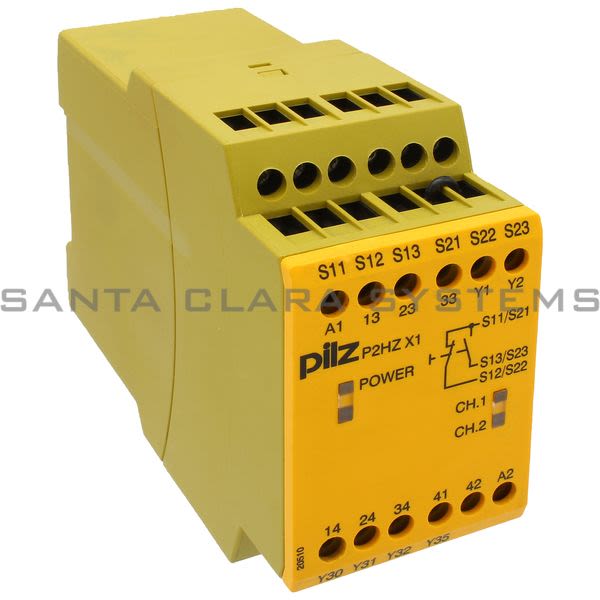 Pilz P2HZX124VDC3N-O1N-C-774340 Safety relay (standalone) Inputs: 1 N/O, 1 N/C per pushbutton Outputs: 3 N/O, 1 N/C, 2 semiconductor UB 24 V DC, width: Product Image