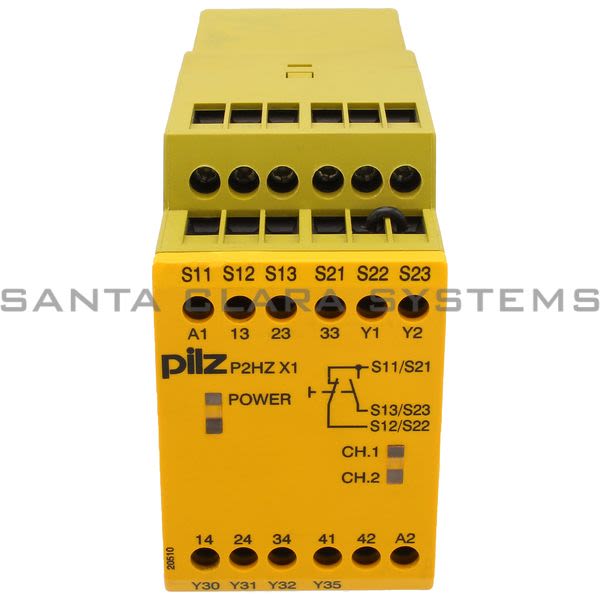 Pilz P2HZX124VDC3N-O1N-C-774340 Safety relay (standalone) Inputs: 1 N/O, 1 N/C per pushbutton Outputs: 3 N/O, 1 N/C, 2 semiconductor UB 24 V DC, width: Product Image