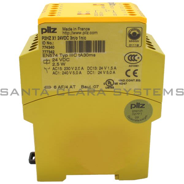 Pilz P2HZX124VDC3N-O1N-C-774340 Safety relay (standalone) Inputs: 1 N/O, 1 N/C per pushbutton Outputs: 3 N/O, 1 N/C, 2 semiconductor UB 24 V DC, width: Product Image