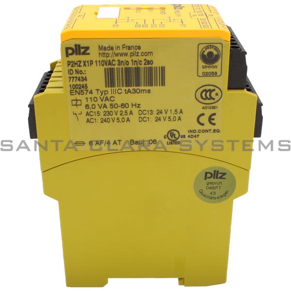Pilz P2HZX1P110VAC3N-O1N-C2SO-777434 Safety relay (standalone) Inputs: 1 N/O, 1 N/C per pushbutton Outputs: 3 N/O, 1 N/C, 2 semiconductor UB 110 V AC, width: Product Image