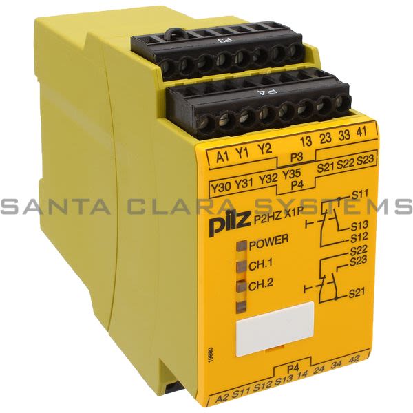 Pilz P2HZX1P24VAC3N-O1N-C2SO-777330 Safety relay (standalone) Inputs: 1 N/O, 1 N/C per pushbutton Outputs: 3 N/O, 1 N/C, 2 semiconductor UB 24 V AC, width: Product Image