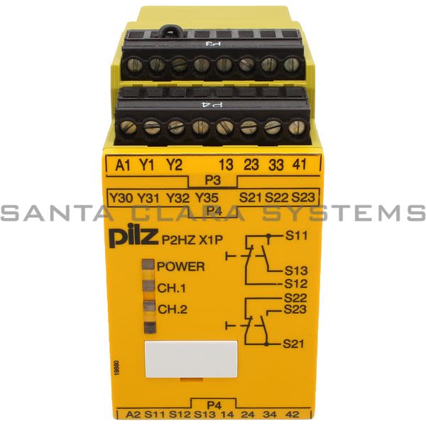 Pilz P2HZX1P24VAC3N-O1N-C2SO-777330 Safety relay (standalone) Inputs: 1 N/O, 1 N/C per pushbutton Outputs: 3 N/O, 1 N/C, 2 semiconductor UB 24 V AC, width: Product Image