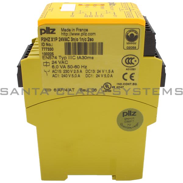 Pilz P2HZX1P24VAC3N-O1N-C2SO-777330 Safety relay (standalone) Inputs: 1 N/O, 1 N/C per pushbutton Outputs: 3 N/O, 1 N/C, 2 semiconductor UB 24 V AC, width: Product Image