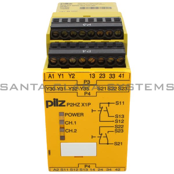 Pilz P2HZX1P24VDC3N-O1N-C2SO-777340 Safety relay (standalone) Inputs: 1 N/O, 1 N/C per pushbutton Outputs: 2 N/O, 1 N/C, 2 semiconductor UB 24 V DC, width: Product Image
