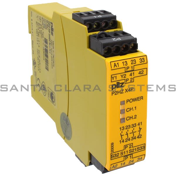 Pilz P2HZX4P24VDC3N-O1N-C-777355 Safety relay (standalone) Inputs: 1 N/O, 1 N/C per pushbutton Outputs: 3 N/O, 1 N/C UB 24 V DC, width: 22.5 mm, plug-in Product Image