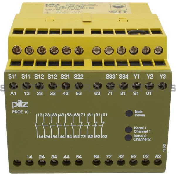 Pilz PNOZ 10 24VDC 6S 4O-774009  Safety relay (standalone) Inputs: 1-/2-channel wiring with/without detection of shorts across contacts. Outputs: 6 N/O, Product Image