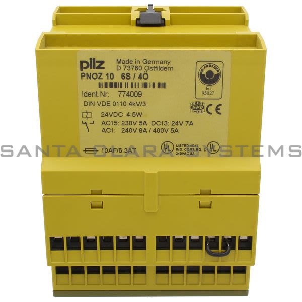 Pilz PNOZ 10 24VDC 6S 4O-774009  Safety relay (standalone) Inputs: 1-/2-channel wiring with/without detection of shorts across contacts. Outputs: 6 N/O, Product Image