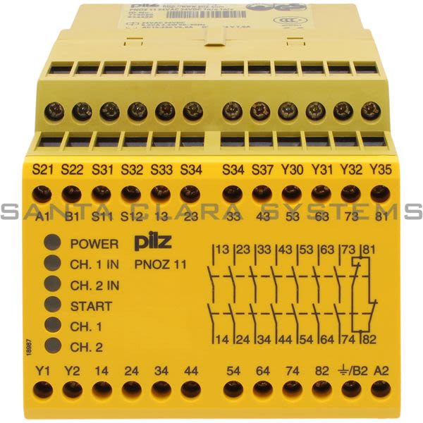 Pilz PNOZ1124VAC24VDC7N-O1N-C-774080 Safety relay (standalone) Inputs: 1- / 2-channel wiring with detection of shorts across contacts Outputs: 7 N/O, 1 N/C, Product Image