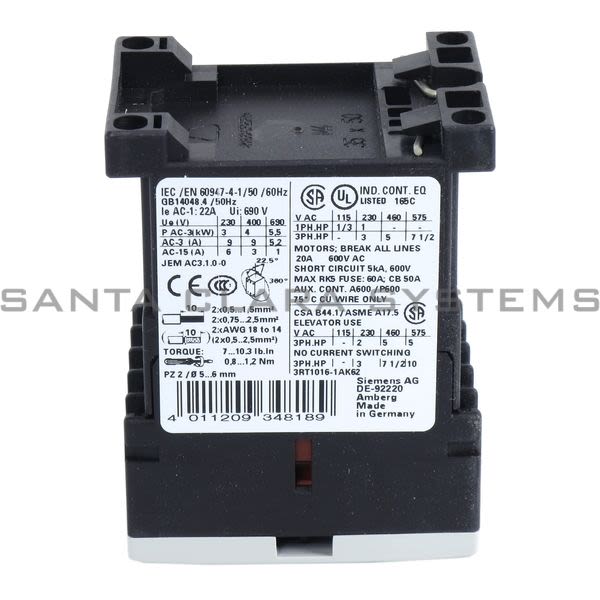 Siemens 3RT1016-1AK62 Contactor Product Image