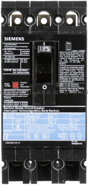 Siemens ED63B125 Circuit Breaker 125amp 3Pole 600VAC 25KA 480VAC- ED63B125 Product Image