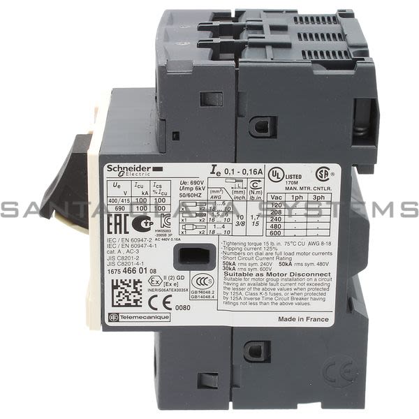 Telemecanique GV2ME01 TeSys GV2-Circuit breaker-thermal-magnetic-0.1...0.16 A -screw clamp terminals Product Image