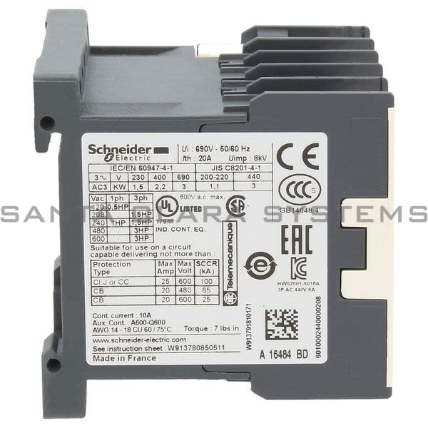 Telemecanique LP1K0601BD TeSys K contactor - 3P - AC-3 <= 440 V 6 A - 1 NC aux. - 24 V DC coil Product Image