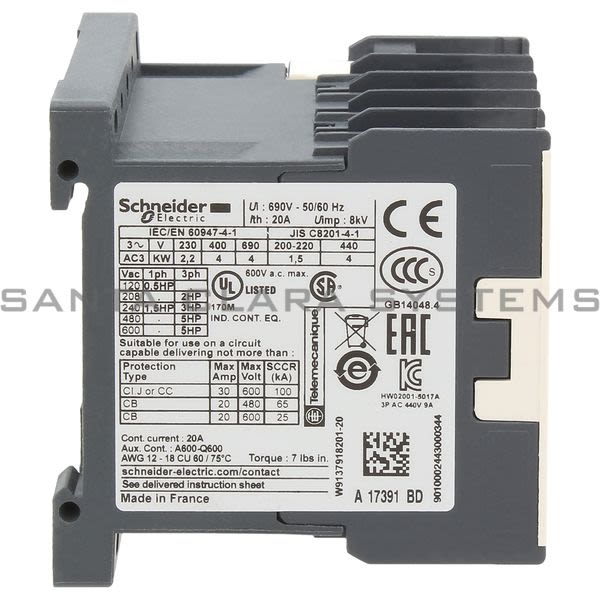 Telemecanique LP1K0901BD3 TeSys K contactor - 3P - AC-3 <= 440 V 9 A - 1 NC aux. - 24 V DC coil Product Image