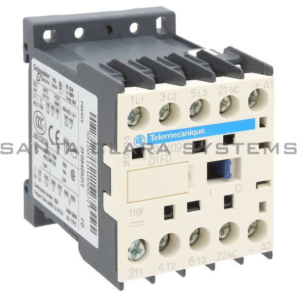 Telemecanique LP1K0901FD TeSys K contactor - 3P - AC-3 <= 440 V 9 A - 1 NC aux. - 110 V DC coil Product Image
