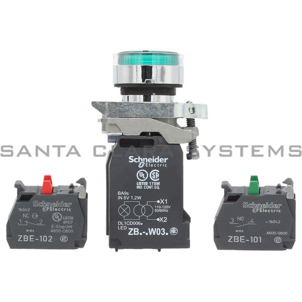 Telemecanique XB4BW3335 green flush complete illum pushbutton Ø22 spring return 1NO+1NC 110...120V Product Image