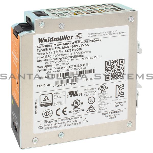 Weidmuller 1478110000  Power Supply | PRO MAX 120W 24V 5A Product Image